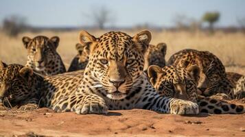 Photo of a herd of Jaguar resting in an open area on the Savanna. Generative AI