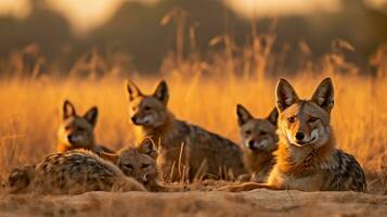 Photo of a herd of Jackal resting in an open area on the Savanna. Generative AI