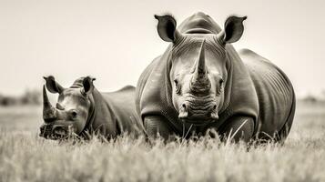 Photo of a herd of Rhinoceros resting in an open area on the Savanna. Generative AI