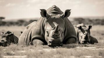 Photo of a herd of Rhinoceros resting in an open area on the Savanna. Generative AI