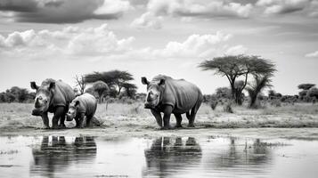 Photo of a herd of Rhinoceros resting in an open area on the Savanna. Generative AI