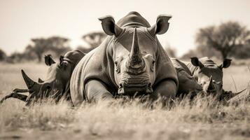 Photo of a herd of Rhinoceros resting in an open area on the Savanna. Generative AI