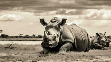 Photo of a herd of Rhinoceros resting in an open area on the Savanna. Generative AI