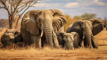 Photo of a herd of Elephant resting in an open area on the Savanna. Generative AI