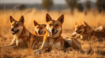 Photo of a herd of Dingo resting in an open area on the Savanna. Generative AI