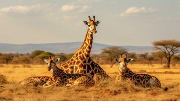 Photo of a herd of Giraffe resting in an open area on the Savanna. Generative AI