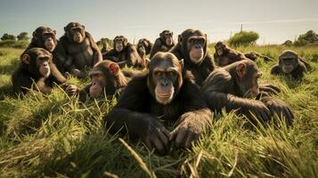 Photo of a herd of Chimpanzee resting in an open area on the Savanna. Generative AI