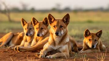 Photo of a herd of Dingo resting in an open area on the Savanna. Generative AI