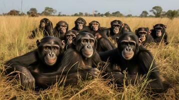 Photo of a herd of Chimpanzee resting in an open area on the Savanna. Generative AI