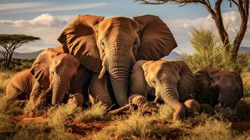 Photo of a herd of Elephant resting in an open area on the Savanna. Generative AI