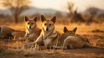 Photo of a herd of Dingo resting in an open area on the Savanna. Generative AI
