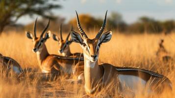 Photo of a herd of Gazelle resting in an open area on the Savanna. Generative AI