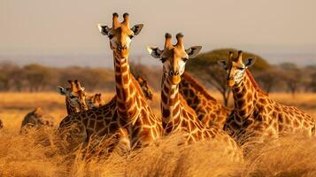 Photo of a herd of Giraffe resting in an open area on the Savanna. Generative AI