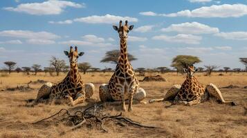 Photo of a herd of Giraffe resting in an open area on the Savanna. Generative AI