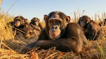 Photo of a herd of Chimpanzee resting in an open area on the Savanna. Generative AI