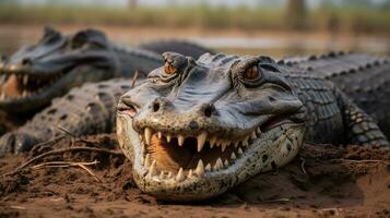 Photo of a herd of Caiman resting in an open area on the Savanna. Generative AI