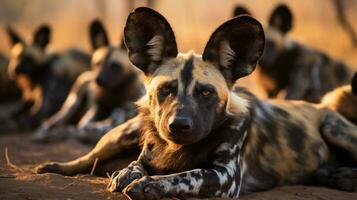 Photo of a herd of African Wild Dog resting in an open area on the Savanna. Generative AI