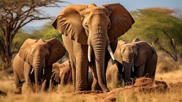 Photo of a herd of African Elephant resting in an open area on the Savanna. Generative AI