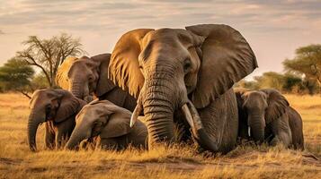 Photo of a herd of African Elephant resting in an open area on the Savanna. Generative AI