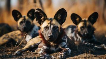 Photo of a herd of African Wild Dog resting in an open area on the Savanna. Generative AI