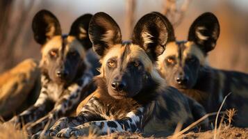 Photo of a herd of African Wild Dog resting in an open area on the Savanna. Generative AI