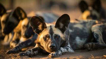 Photo of a herd of African Wild Dog resting in an open area on the Savanna. Generative AI