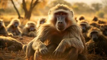 Photo of a herd of Baboon resting in an open area on the Savanna. Generative AI