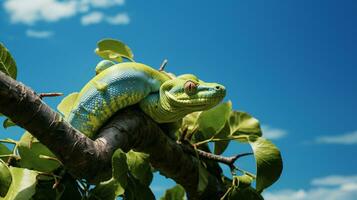 Photo of a Green Tree Python under Blue Sky. Generative AI