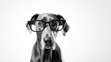 Photo of a Great Dane dog using eyeglasses isolated on white background. Generative AI