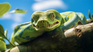 Photo of a Green Tree Python under Blue Sky. Generative AI