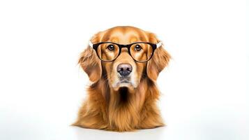 Photo of a Golden Retriever dog using eyeglasses isolated on white background. Generative AI