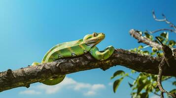 Photo of a Green Tree Python under Blue Sky. Generative AI