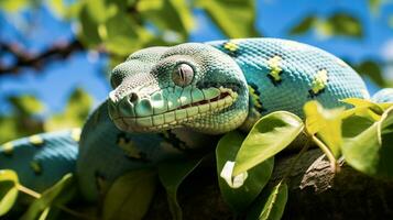 Photo of a Green Tree Python under Blue Sky. Generative AI