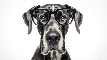 Photo of a Great Dane dog using eyeglasses isolated on white background. Generative AI