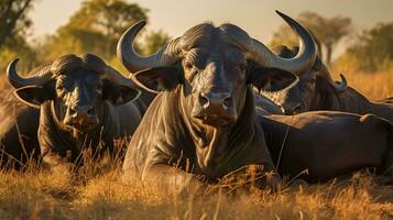 Photo of a herd of African Buffalo resting in an open area on the Savanna. Generative AI