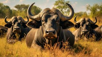 Photo of a herd of African Buffalo resting in an open area on the Savanna. Generative AI