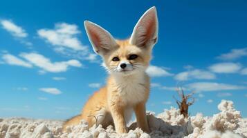 foto de un fennec zorro en un Desierto con azul cielo. generativo ai