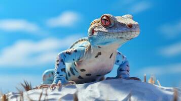 foto de un geco debajo azul cielo. generativo ai
