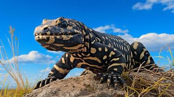 Photo of a Gila Monster under Blue Sky. Generative AI