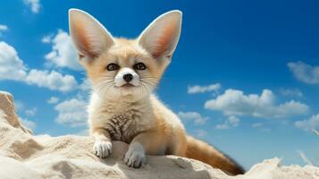 foto de un fennec zorro en un Desierto con azul cielo. generativo ai