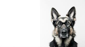 Photo of a German Shepherd dog using eyeglasses isolated on white background. Generative AI