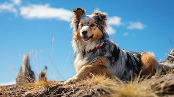 foto de un perro debajo azul cielo. generativo ai