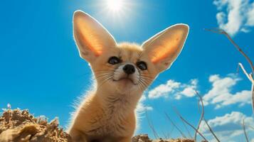 foto de un fennec zorro en un Desierto con azul cielo. generativo ai