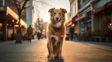 Photo of a dog standing on the street in downtown. Generative AI