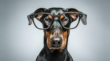 Photo of a Doberman Pinscher dog using eyeglasses isolated on white background. Generative AI