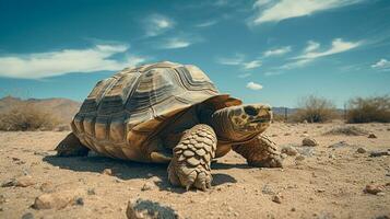 Photo of a Desert Tortoise in a Desert with blue sky. Generative AI