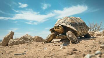 Photo of a Desert Tortoise in a Desert with blue sky. Generative AI