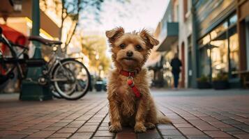 Photo of a dog standing on the street in downtown. Generative AI