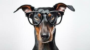 Photo of a Doberman Pinscher dog using eyeglasses isolated on white background. Generative AI