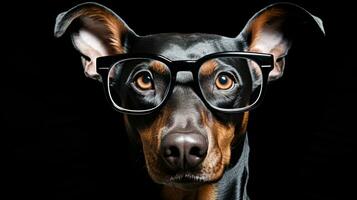 Photo of a Doberman Pinscher dog using eyeglasses isolated on white background. Generative AI